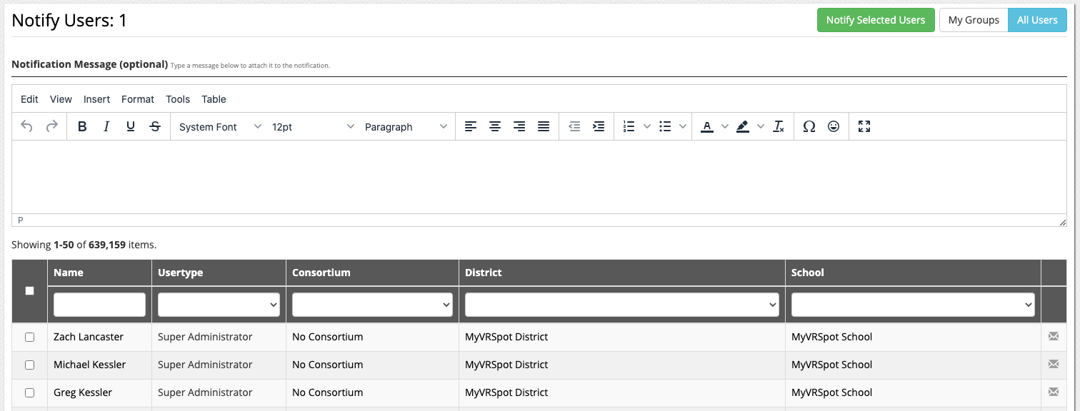 Notify Users UI