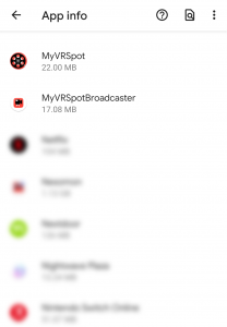 List of Apps showing MyVRSpot and MyVRSpotBroadcaster