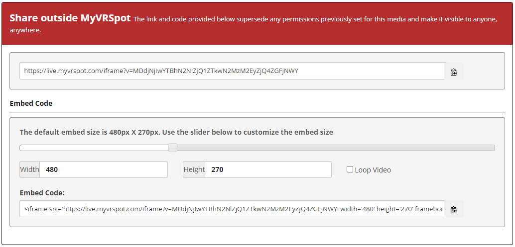 Screenshot of the Share outside MyVRSpot pop up window