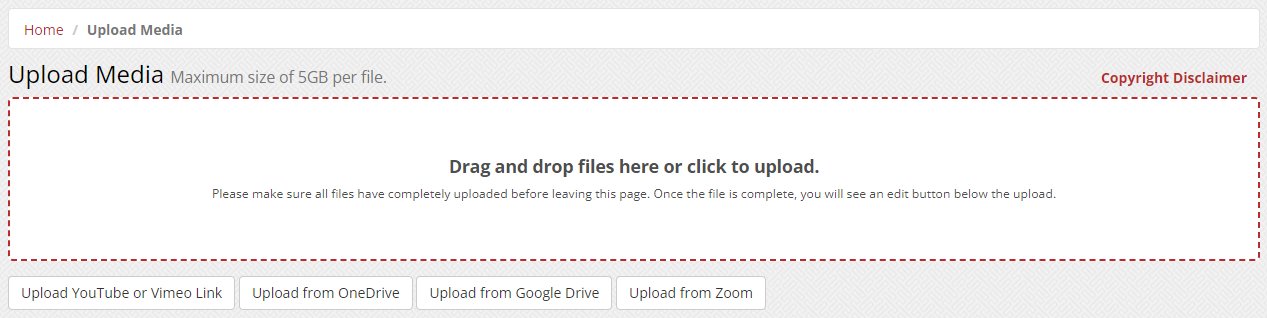Screenshot of the Upload page